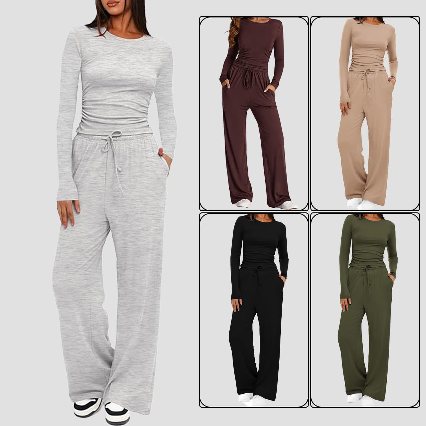 Traje casual para mujer con blusa manga larga y pantalón ancho