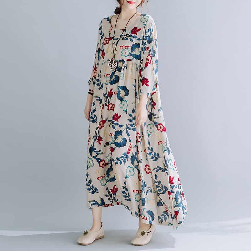 Vestido manga corta algodón lino estampado talla grande