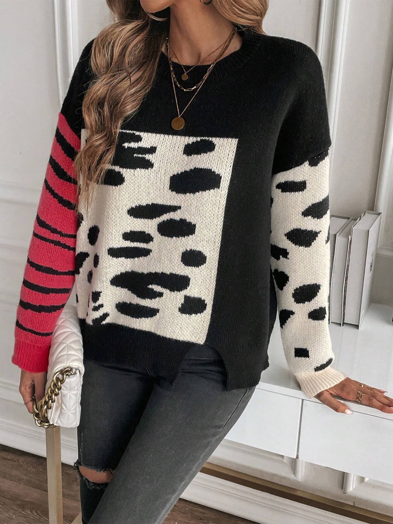 Suéter casual con cuello redondo y estampado de leopardo
