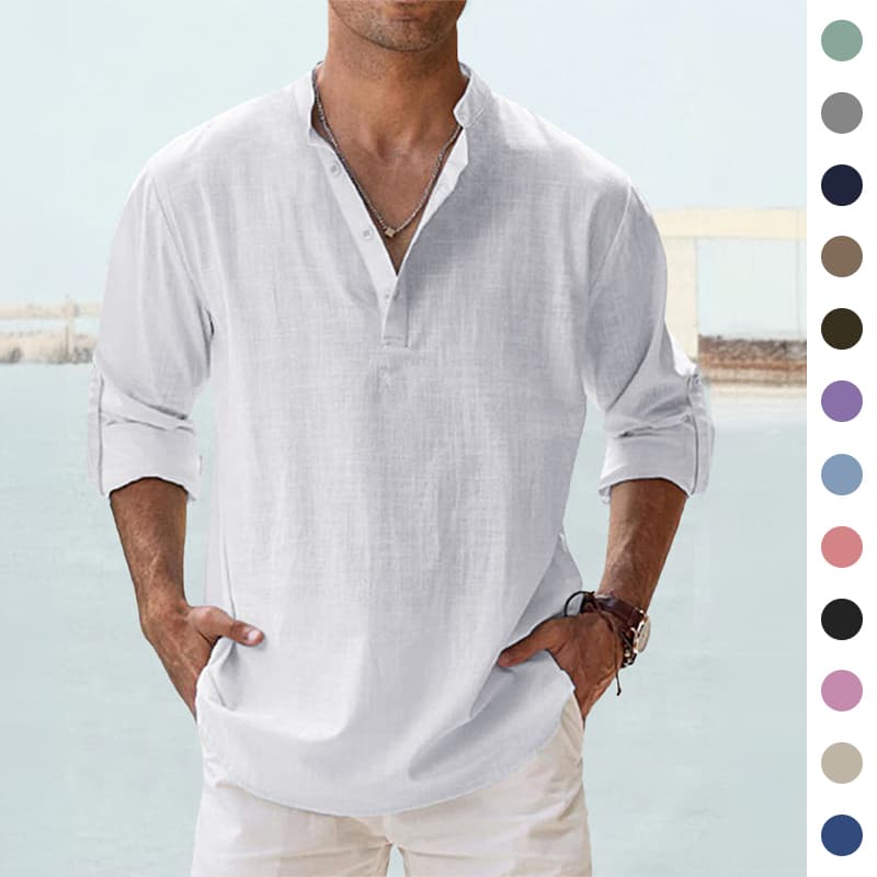 Camisa casual de algodón y lino con manga larga para hombre