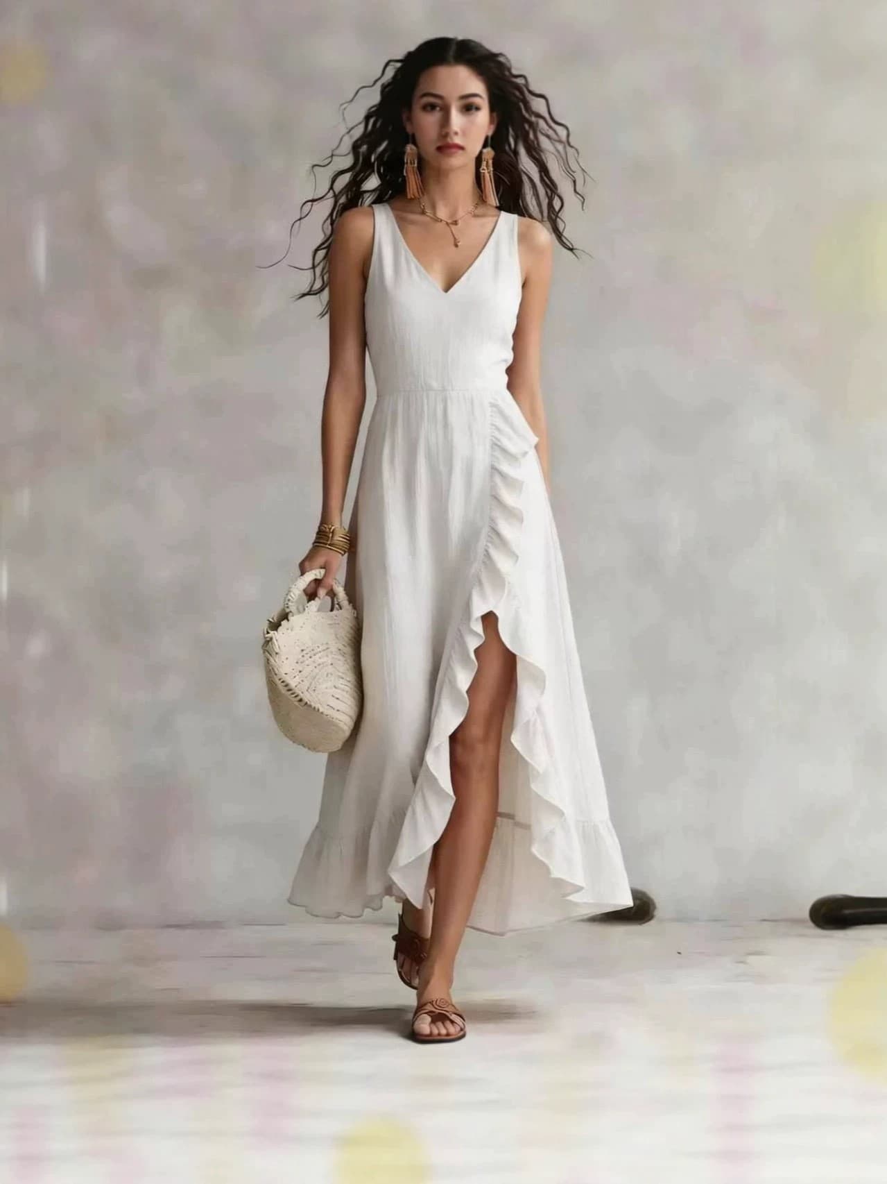 Vestido bohemio sin mangas con escote en V y falda maxi con volantes