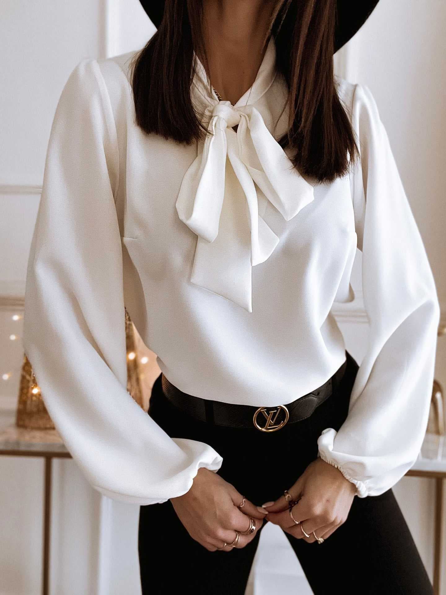 Blusa profesional cuello parado con lazo y manga larga