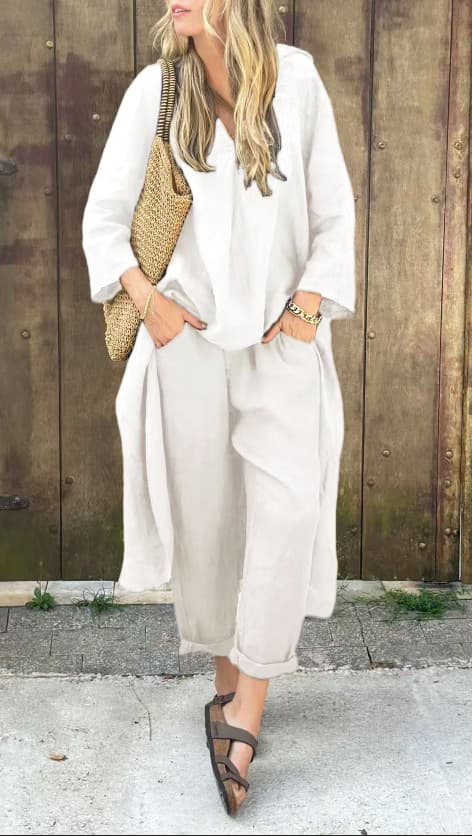 Conjunto de 2 piezas: blusa V larga y pantalón ancho