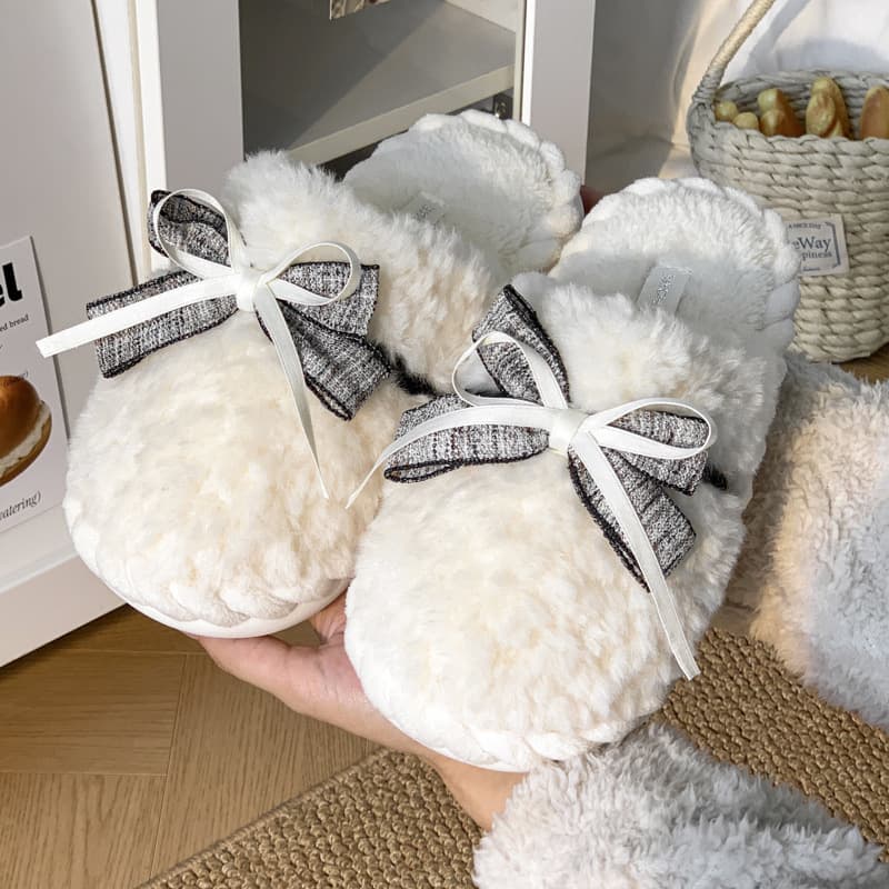 Pantuflas de invierno con moño y felpa para mujer