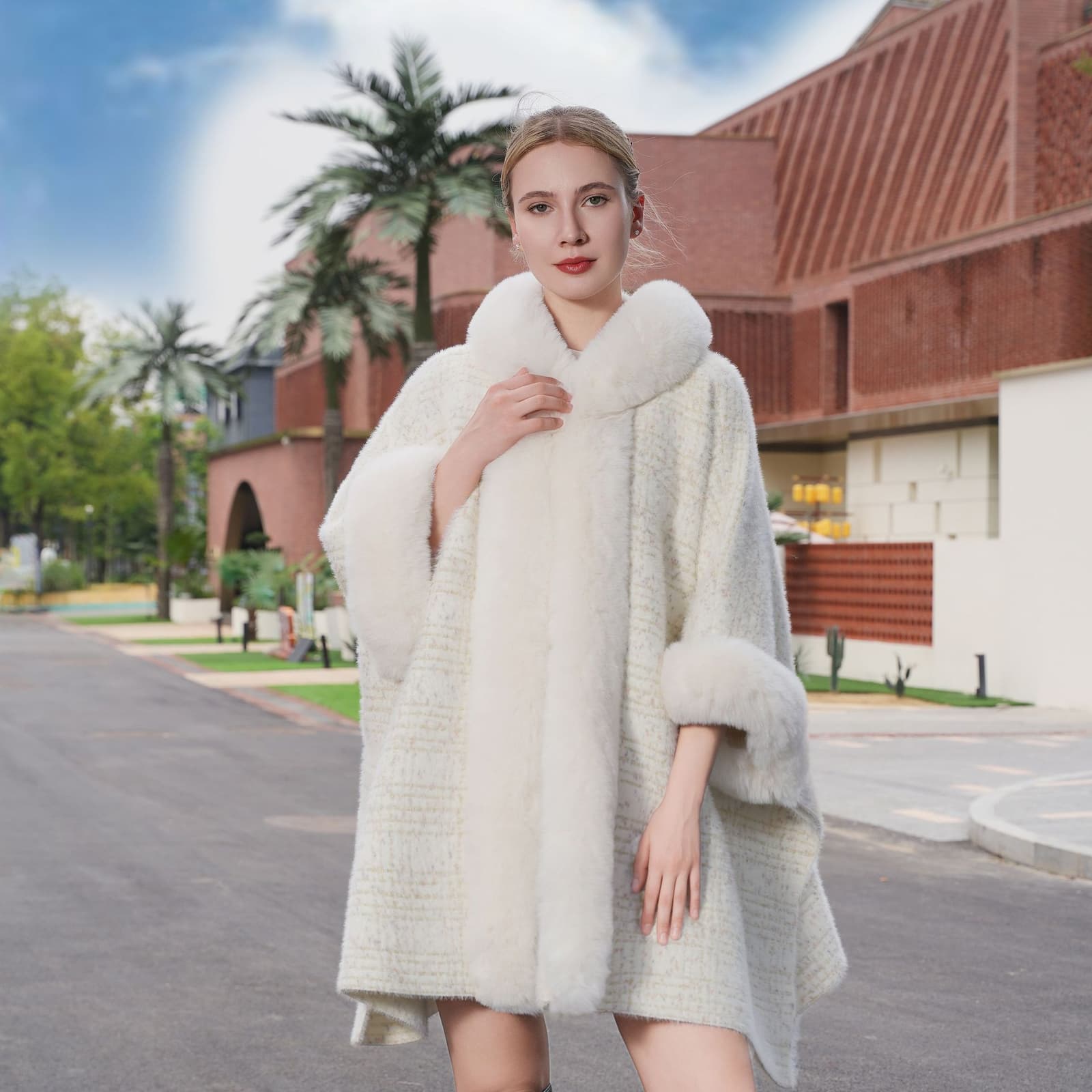 Cardigan con cuello de piel largo y cálido