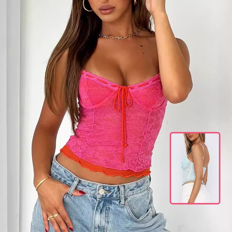 Camiseta de encaje sin espalda con anudado frontal