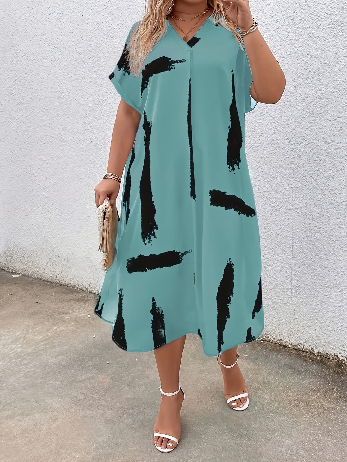 Vestido largo holgado con escote en V e impresión