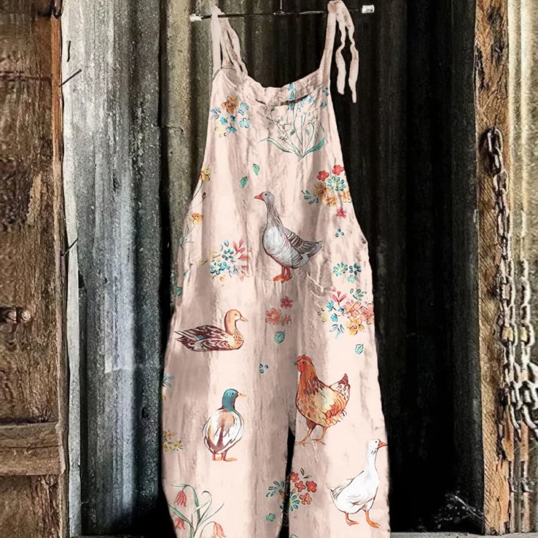 Pantalón retro con tirantes y estampado artístico