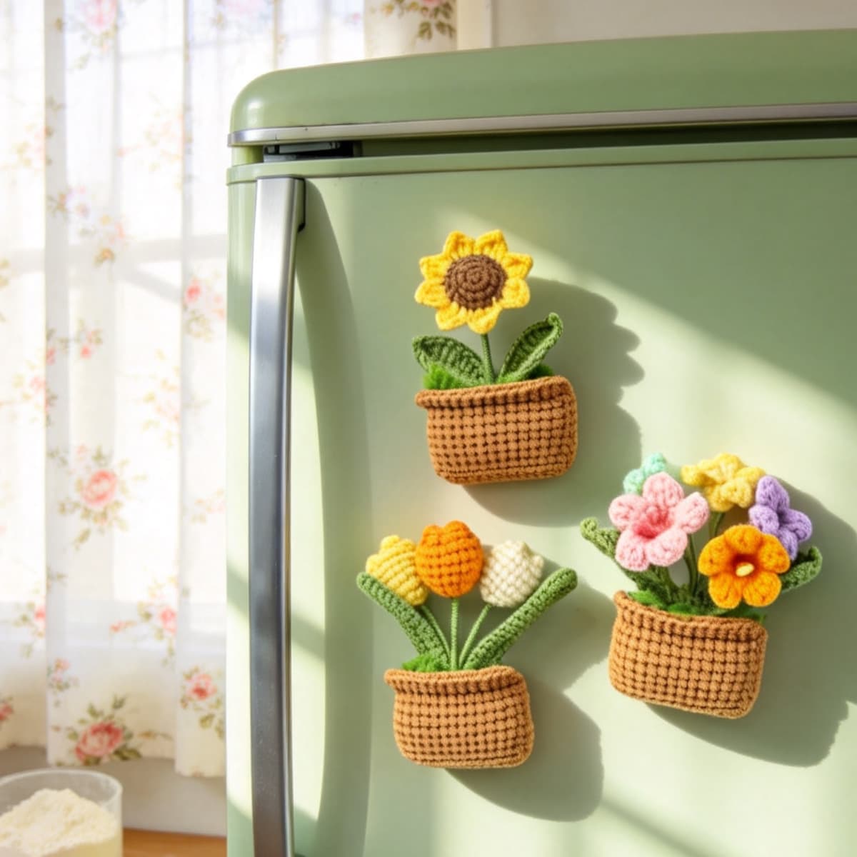 Conjunto de tres macetas tejidas al crochet con flores multicolores