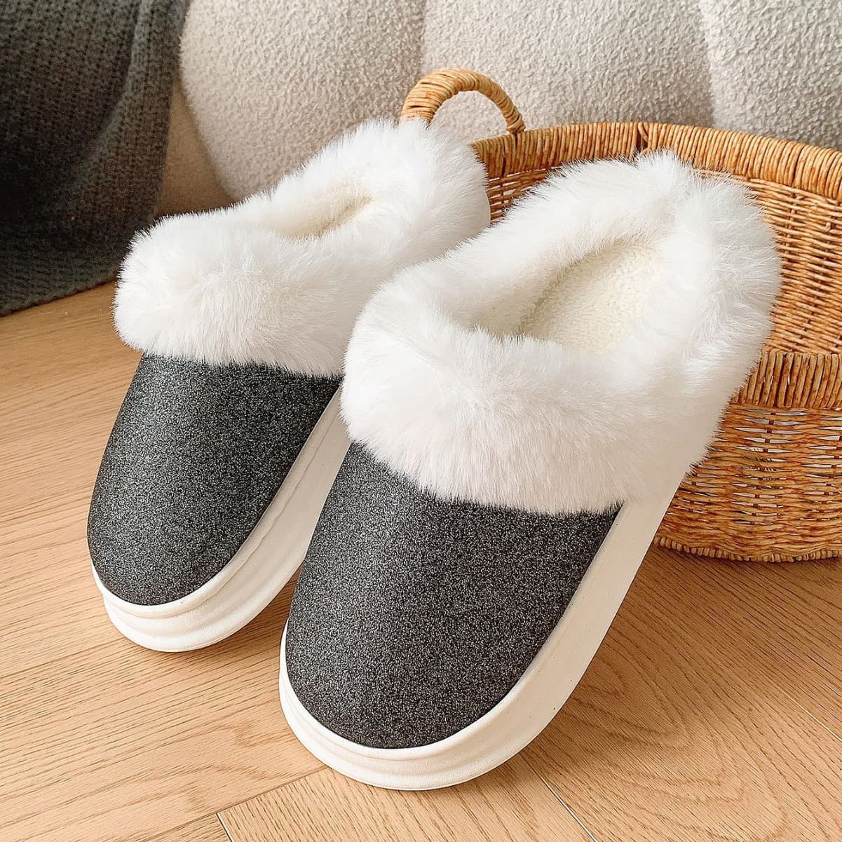 Zapatillas de felpa con lentejuelas cálidas para invierno