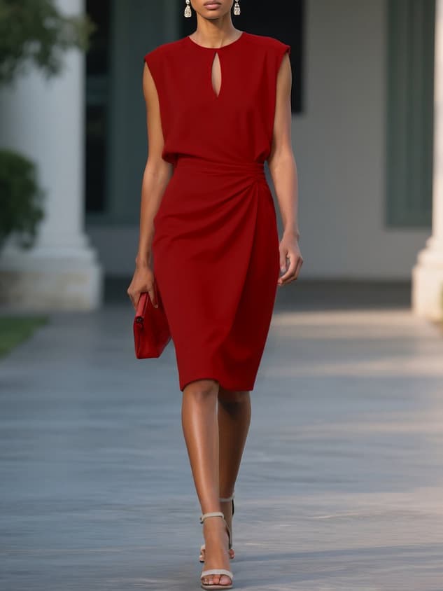 Vestido de mujer verano retro con nudo, escote redondo y detalles perforados