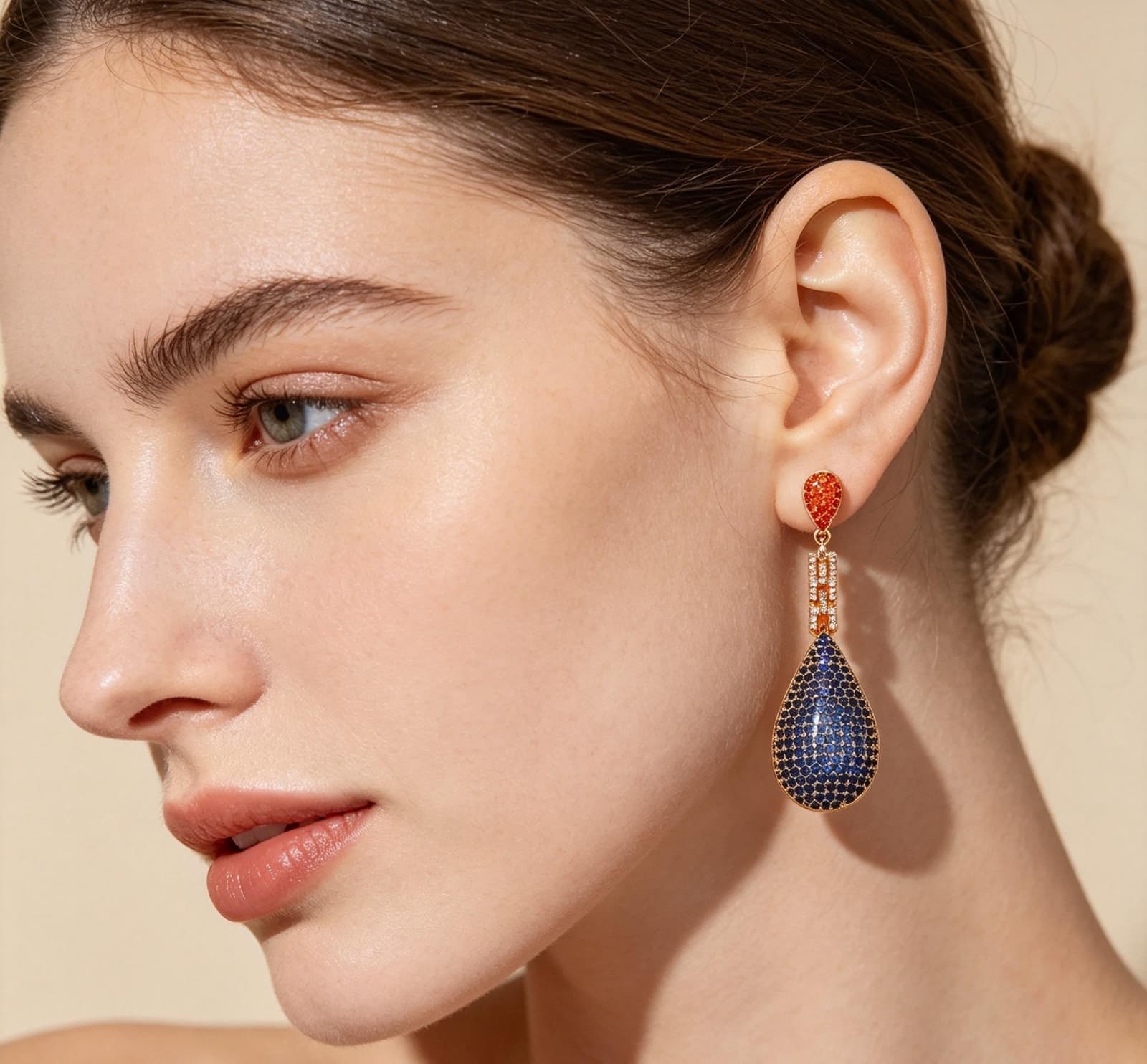 Aretes de gota con zirconia azul y naranja, enchapados en oro 18K