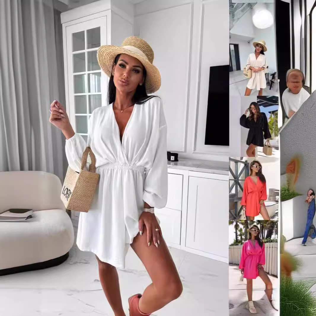 Vestido cuello V manga larga con pretina ajustada