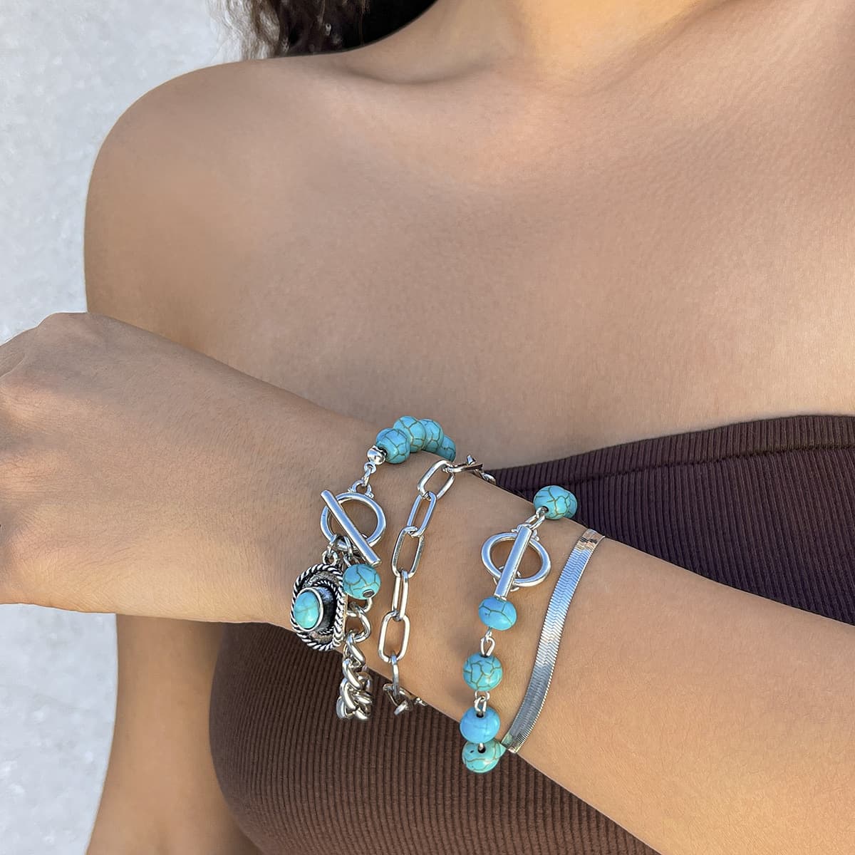Pulsera de cadena con sombrero vaquero y turquesa, juego de 4