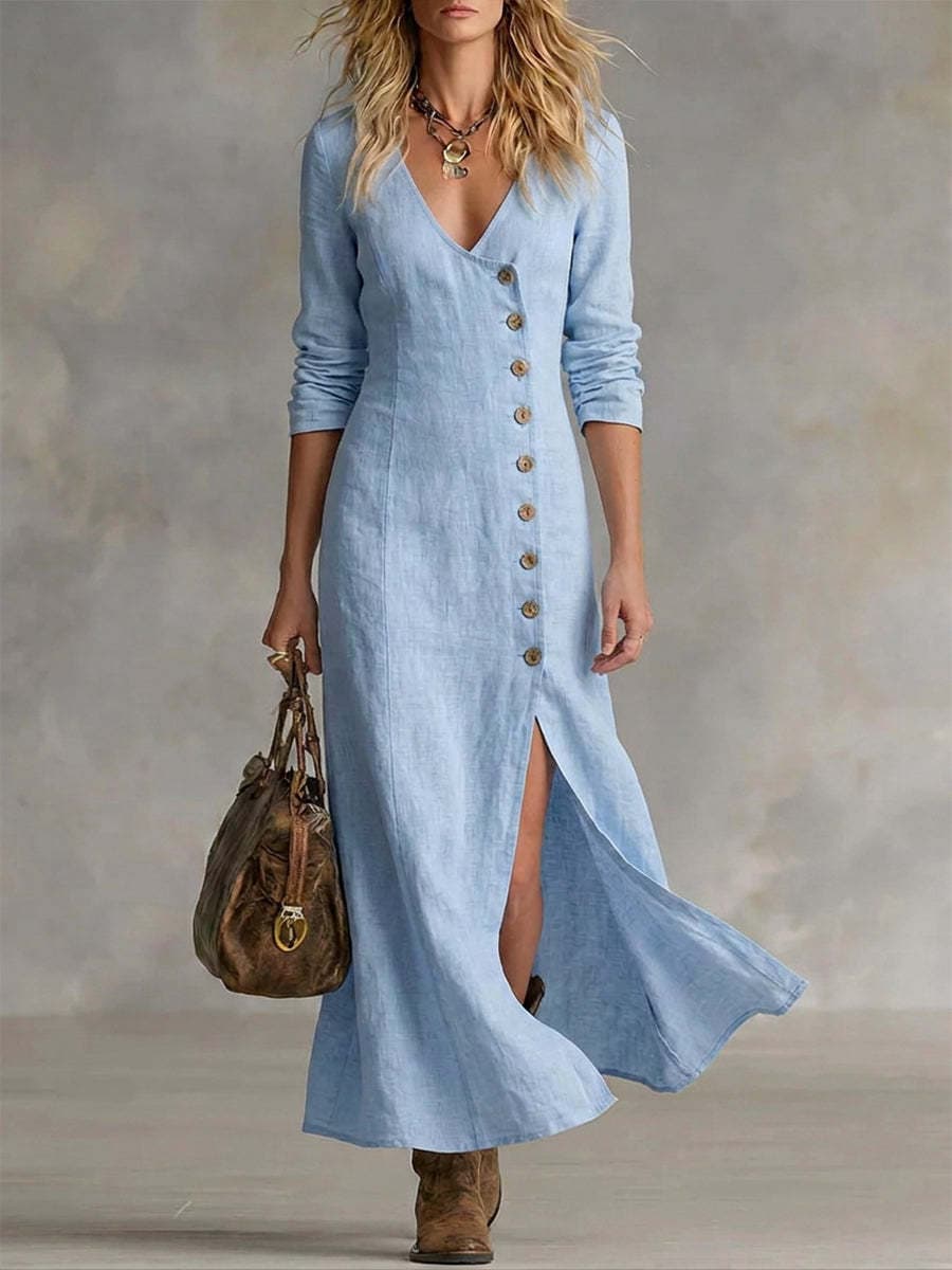 Vestido camisero de algodón y lino para primavera y verano