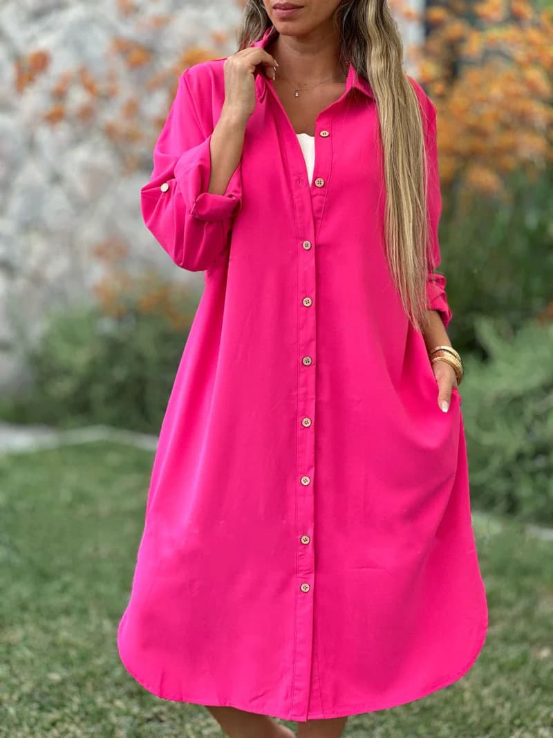 Vestido camisero suelto de algodón y lino con mangas largas