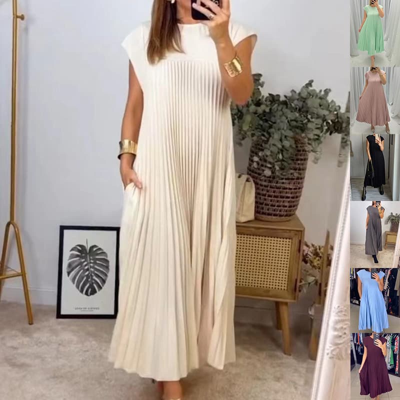 Vestido largo plisado sin mangas con cuello redondo