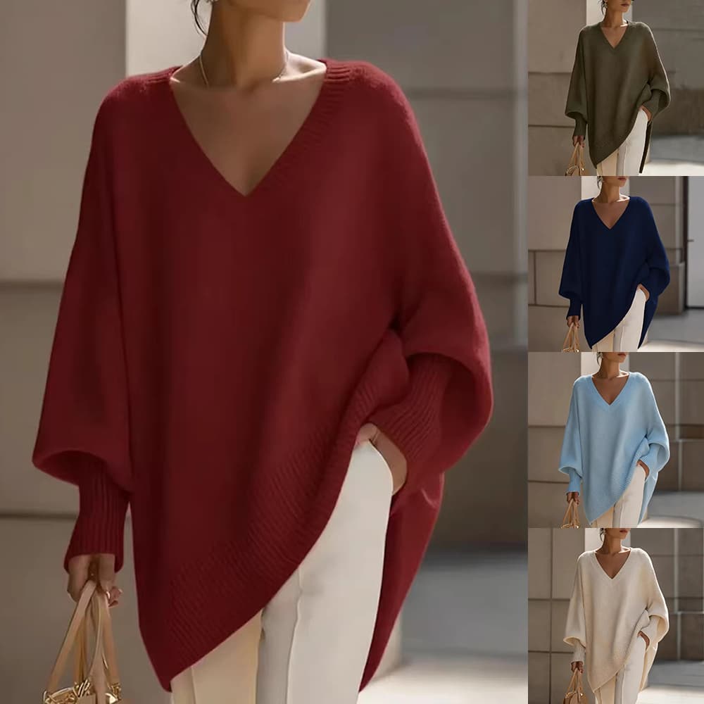 Suéter holgado cuello en V manga larga de punto para mujer