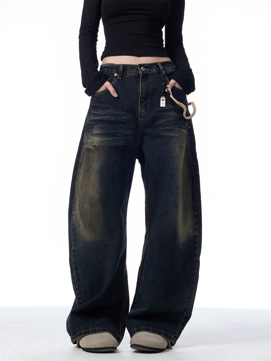Jeans de pierna ancha estilo retro americano desgastado