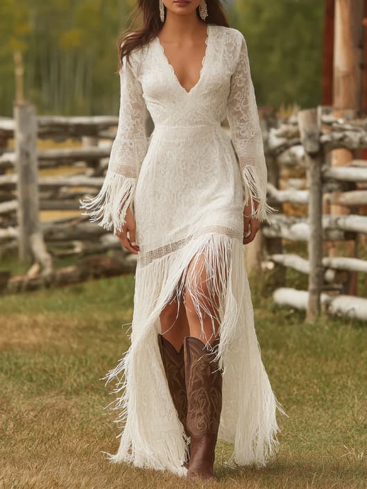Vestido boho maxi con encaje y mangas de flecos