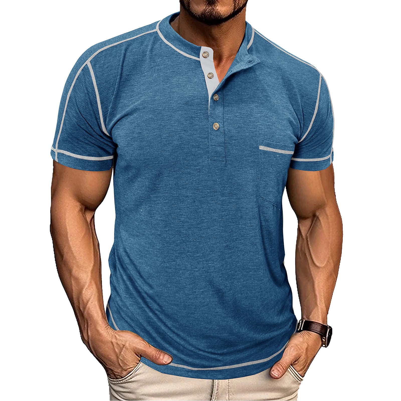 Camiseta para hombre manga corta, estilo retro color-block