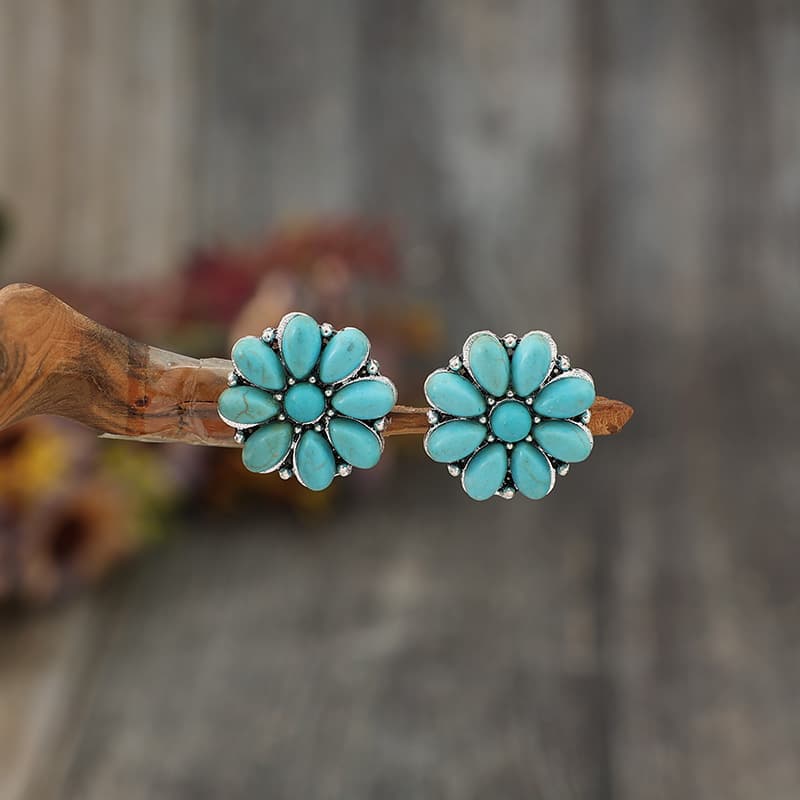 Aretes retro bohemios con flor y turquesa