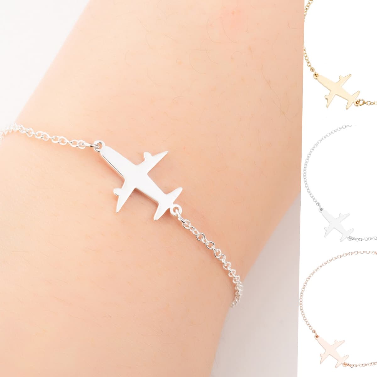 Pulsera de acero con diseño de avión y cadena delicada
