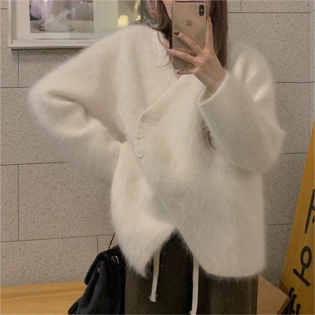 Cardigan de visón cuello en V holgado para mujer