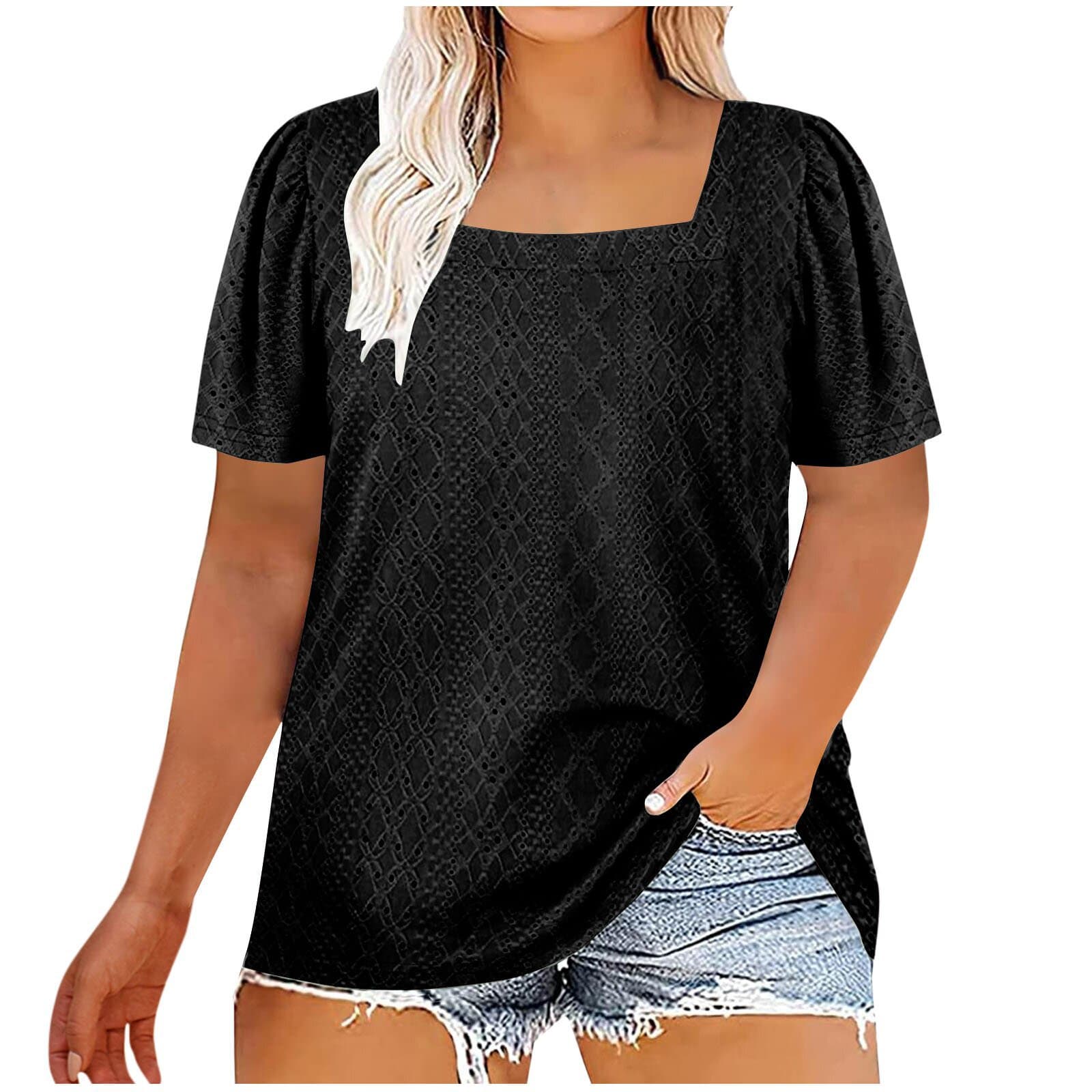 Camiseta hueca cuello U color sólido suelta