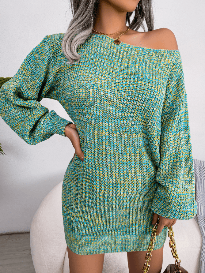 Vestido suéter casual con hombros descubiertos y mangas farol