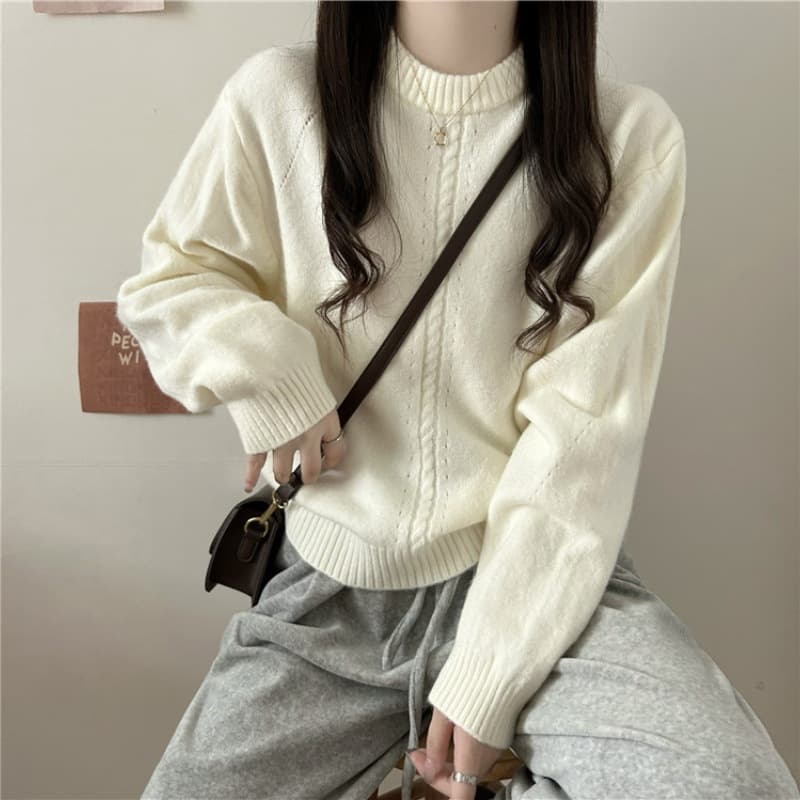 Suéter estilo coreano con cuello redondo y punto cable