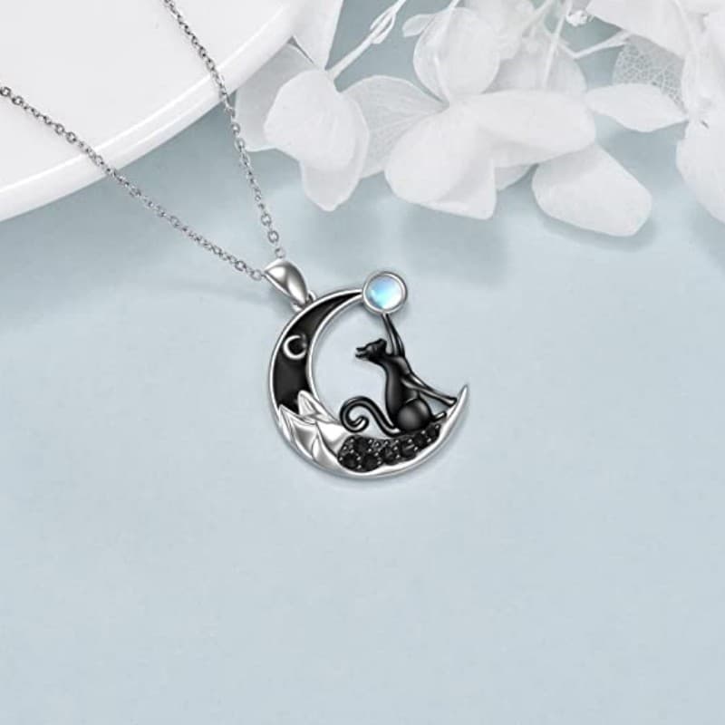 Collar gatito y luna con piedra de luna personalizable