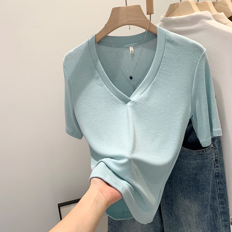 Camiseta cuello en V manga corta para mujer
