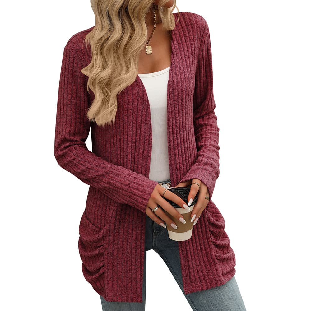 Cardigan de manga larga con tela acanalada y bolsillos