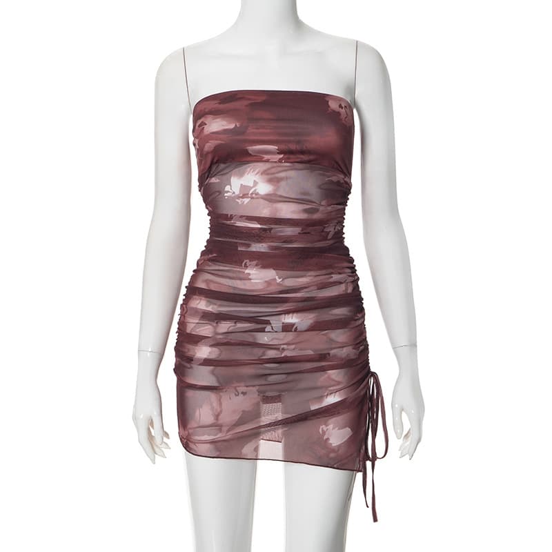 Vestido corto plisado sin tirantes de cintura alta con abertura