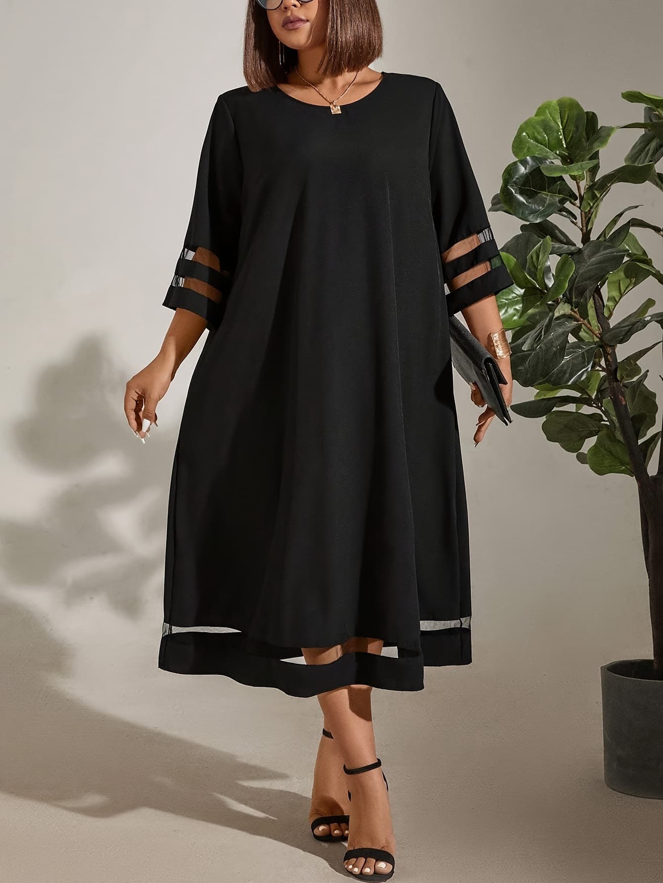 Vestido elegante de cuello redondo con patchwork