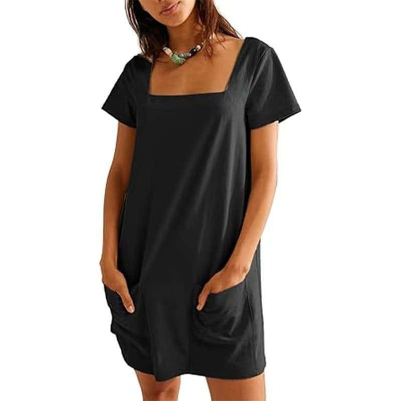 Vestido casual con cuello cuadrado, falda corta y bolsillos