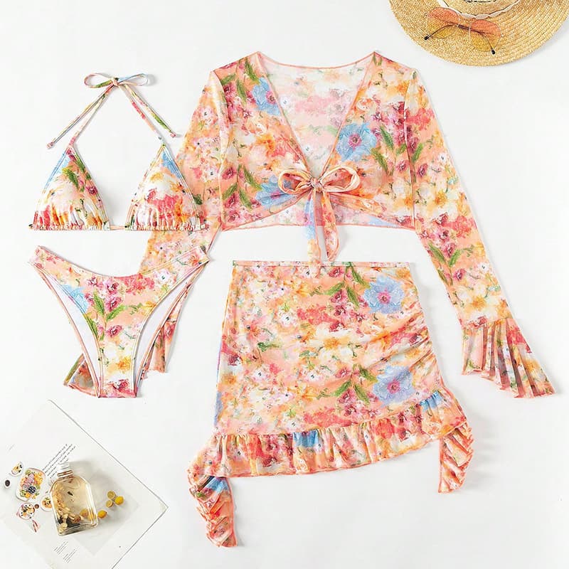 Conjunto de bikini de cuatro piezas con estampado de playa