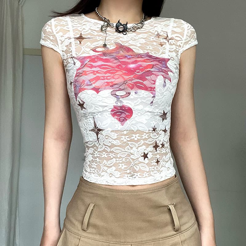 Blusa corta de encaje semitransparente con estampado