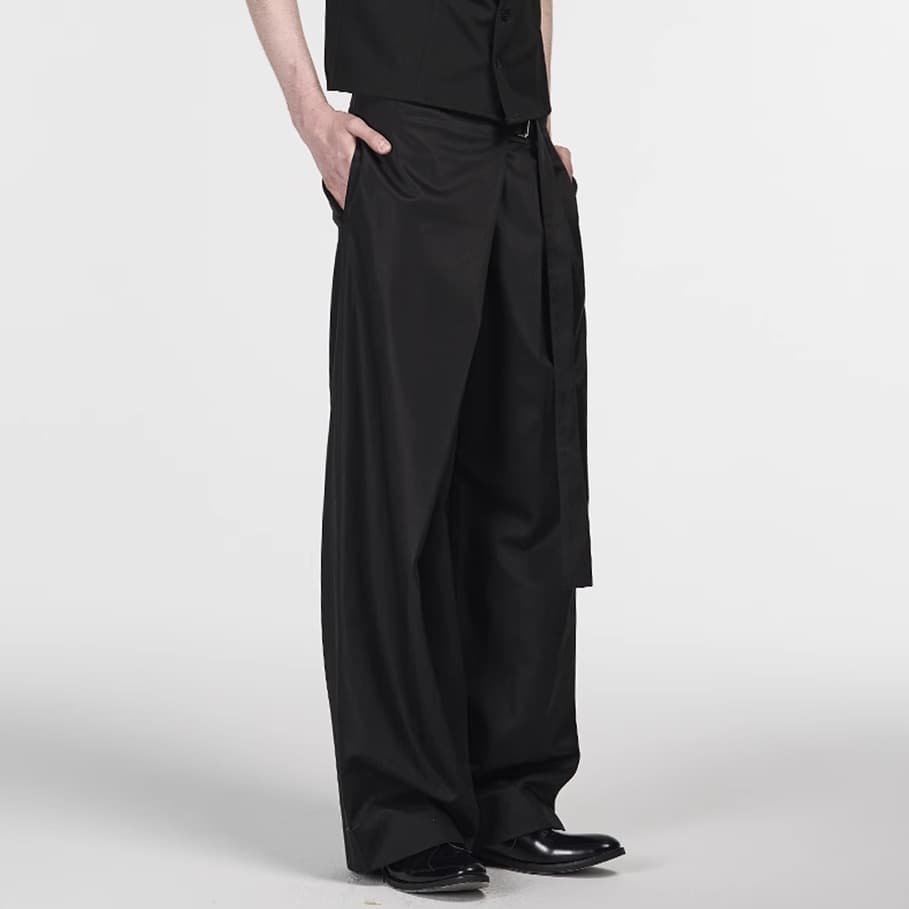 Pantalones rectos negros de tencel y algodón con cintura ajustable
