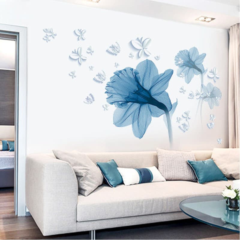 Pegatinas de pared con diseño de flores nórdicas en azul