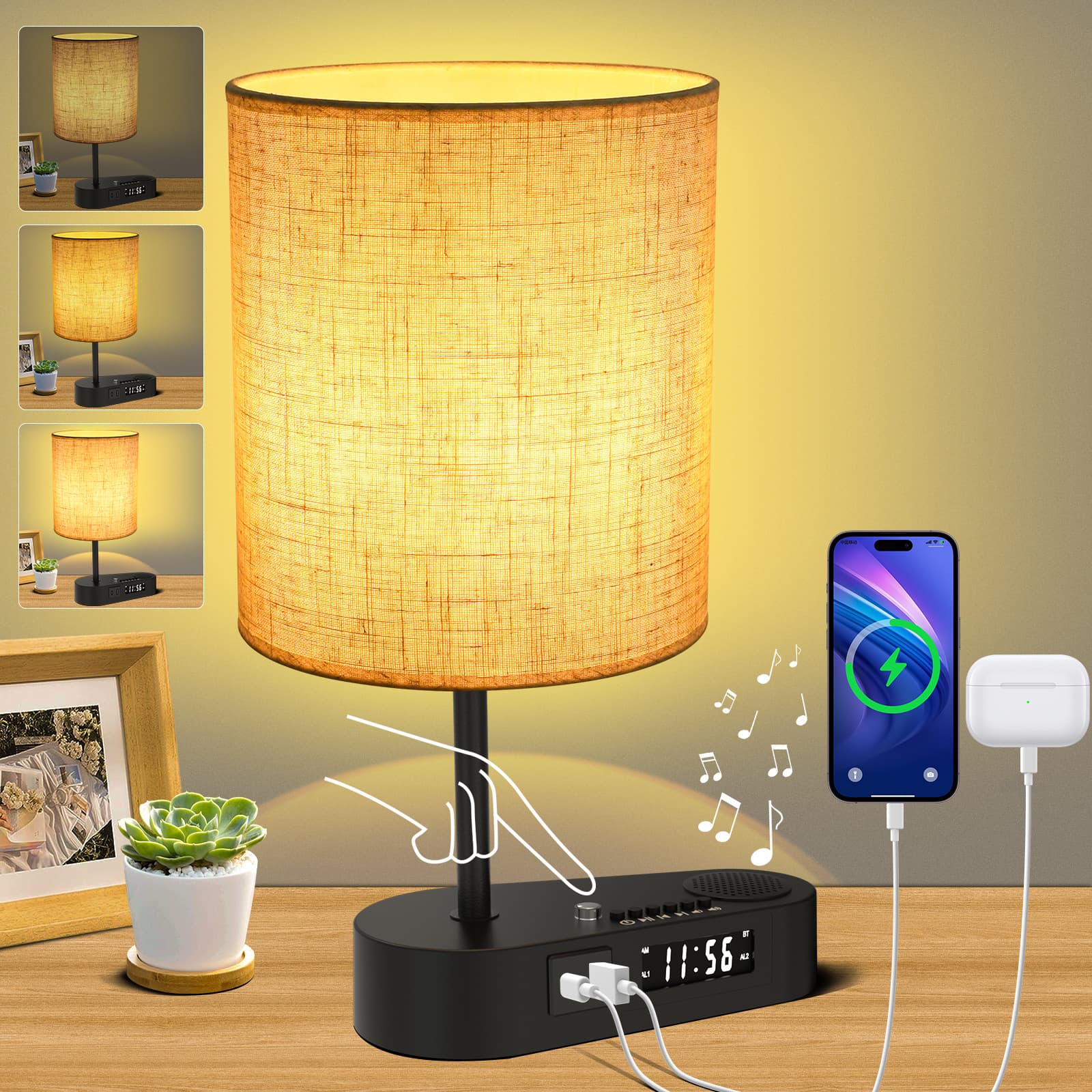 Lámpara de mesa de tela multifunción con Bluetooth y alarma