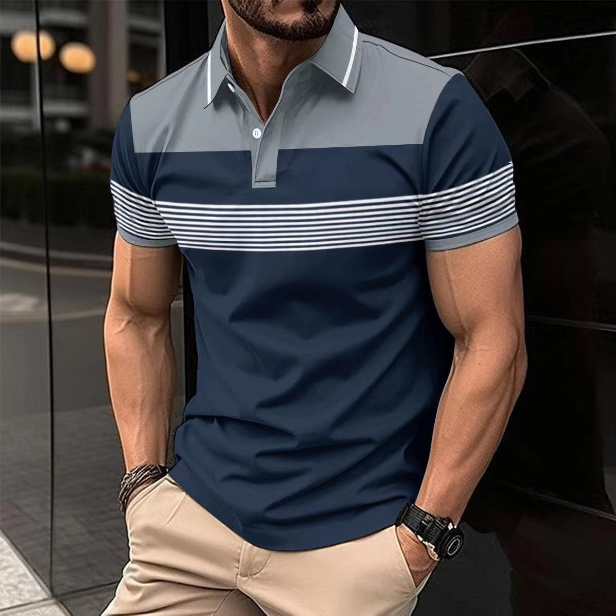 Camisa hombre escote V a rayas slim business casual
