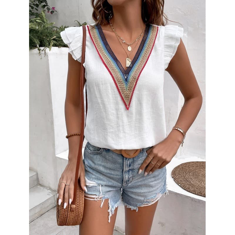 Blusa vintage mujer escote V profundo con encaje calado
