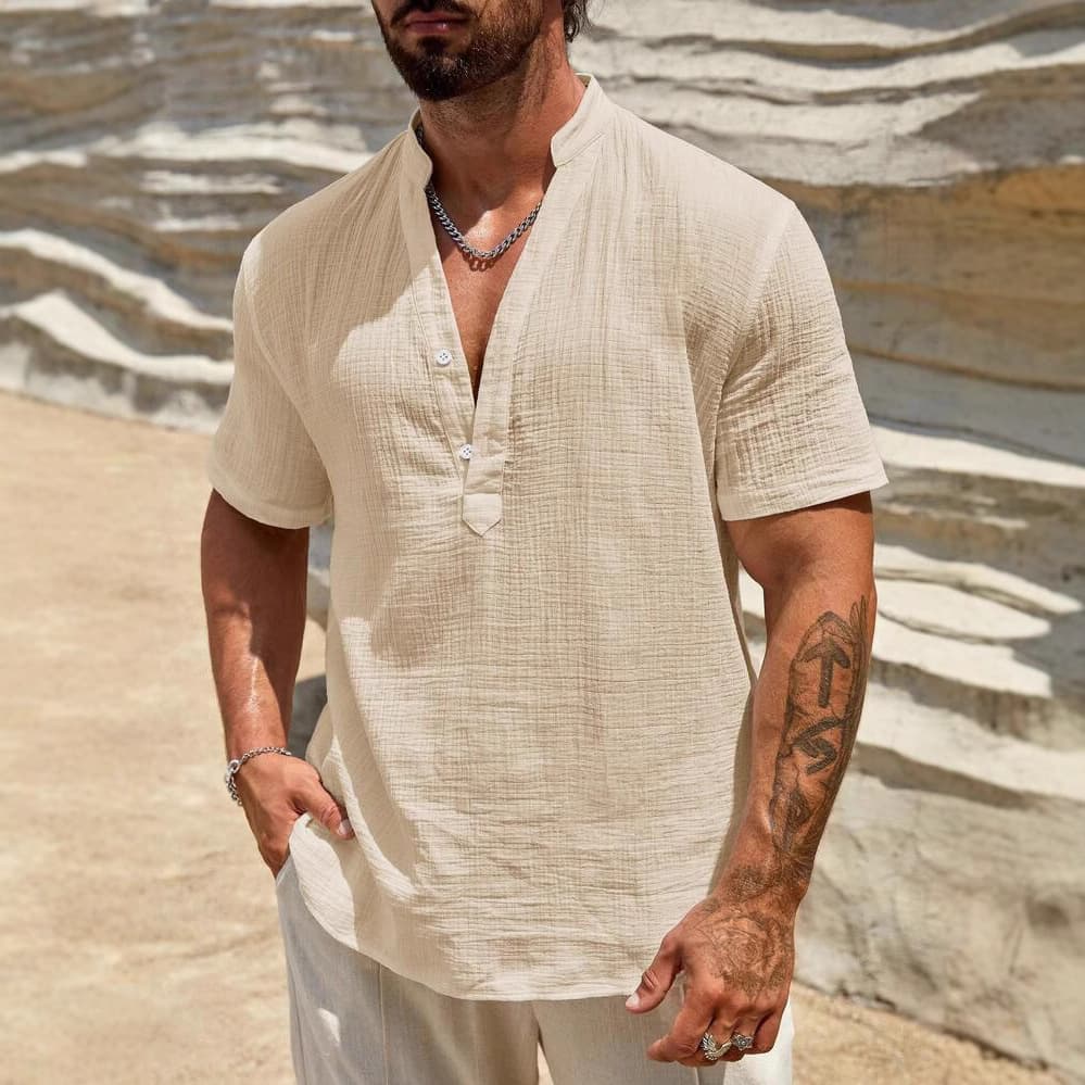 Camisa masculina con cuello de pie y manga corta transpirable