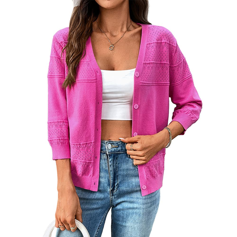Cardigan delgado de punto calado con cuello V para mujer