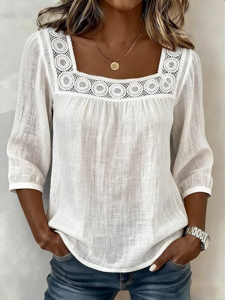 Blusa de verano de algodón y lino con cuello cuadrado y encaje