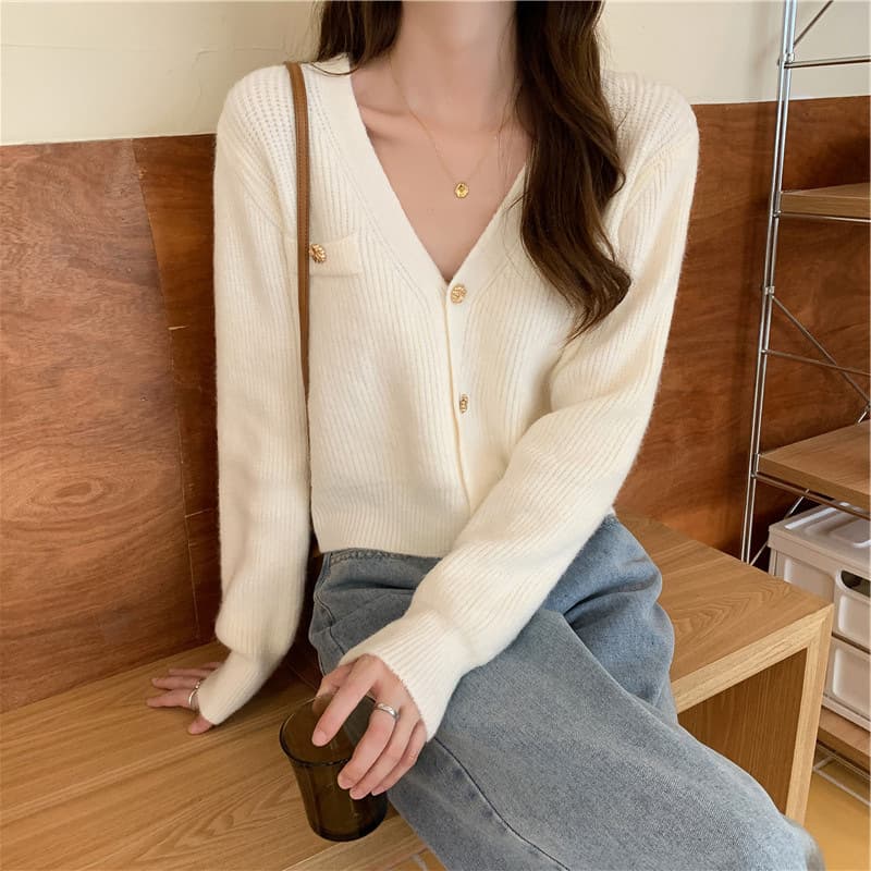 Cardigan corto de cuello V manga larga estilo clásico