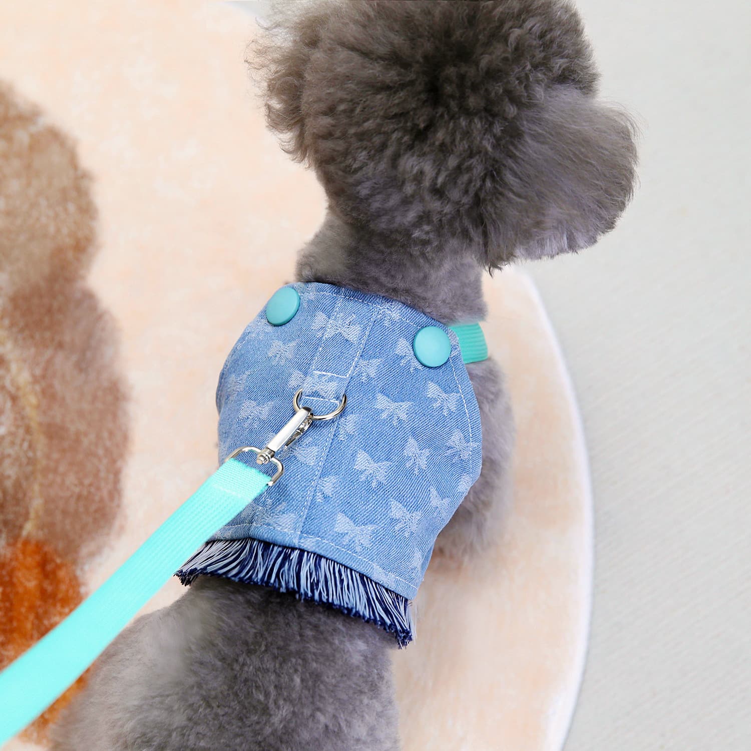 Ropa de denim para mascotas con arnés integrado