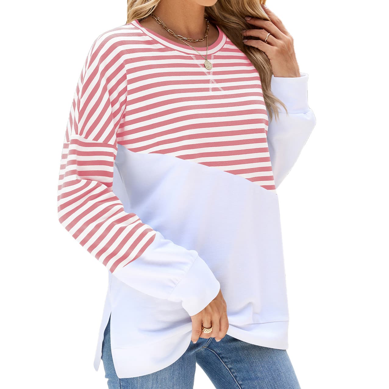 Camiseta rayada manga larga cuello redondo para mujer